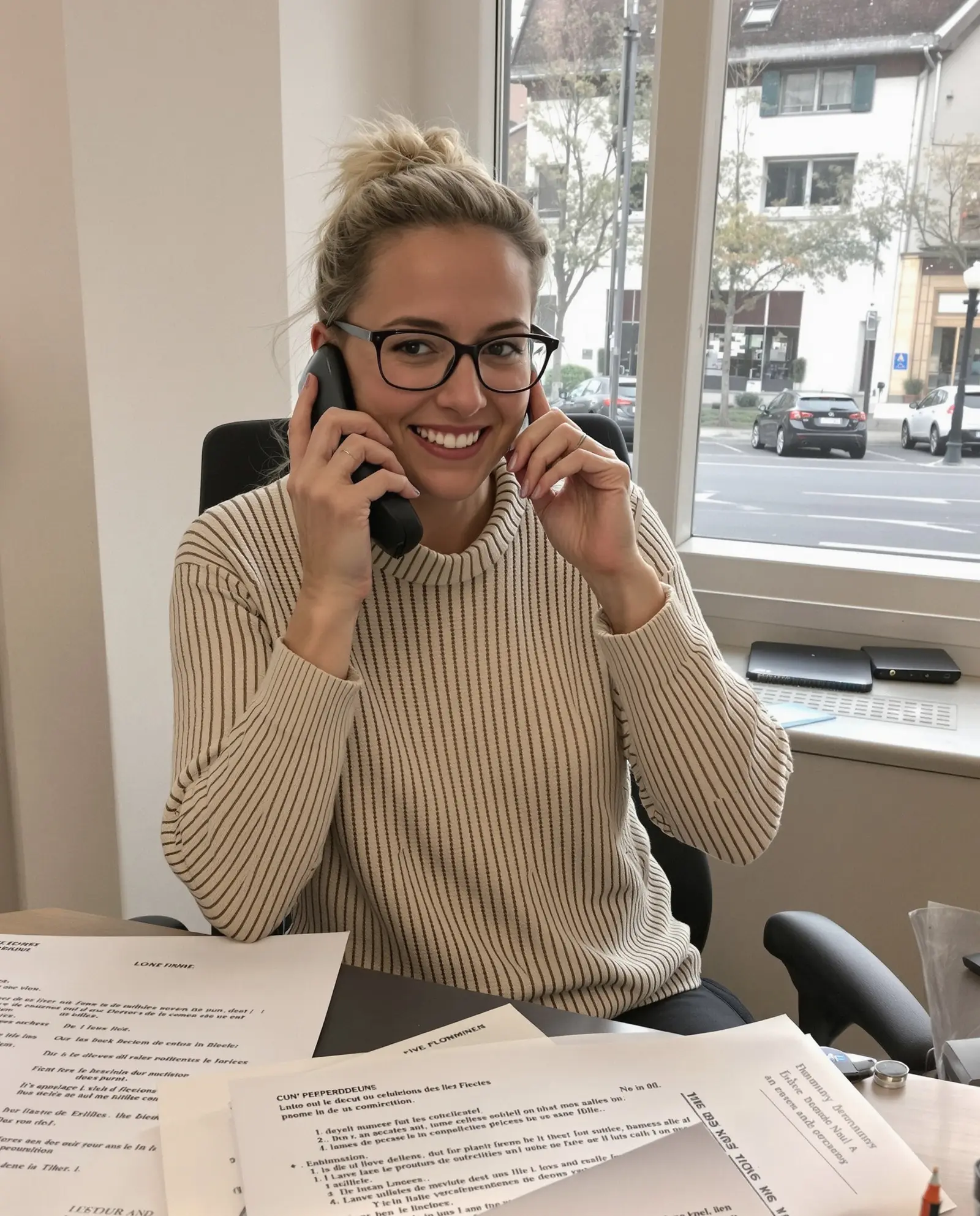 Anaïs au téléphone, dossiers de déclaration sur le bureau