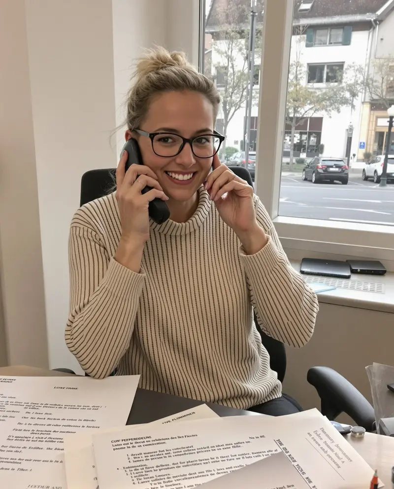 Anaïs au téléphone, formulaires de déclaration sur le bureau