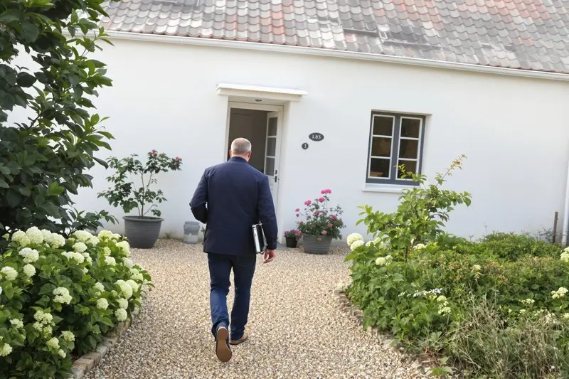 Conseiller arrivant pour une visite technique devant une maison vendéenne