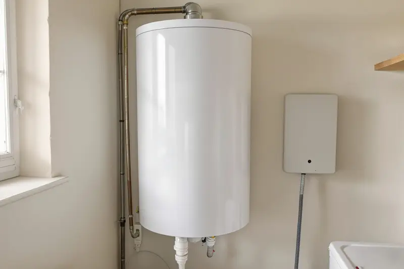 Ballon d'eau chaude de 200 litres et boîtier de routage solaire dans un cellier
