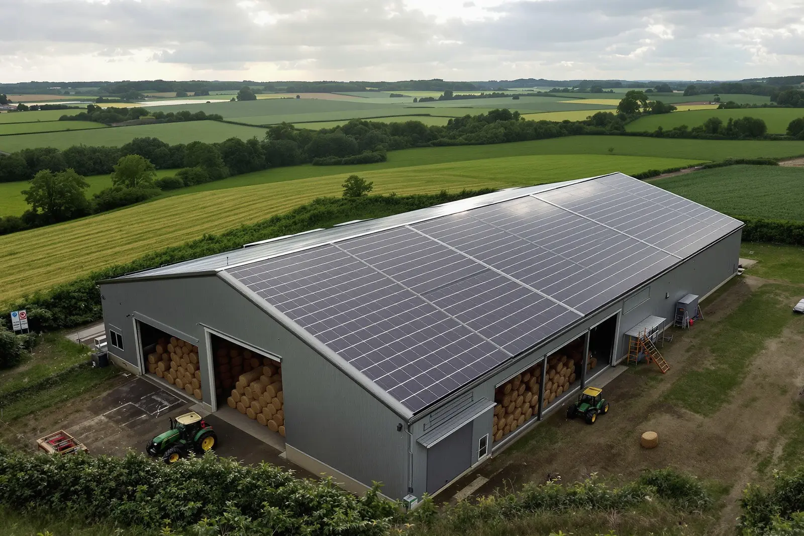 Hangar agricole couvert de modules dans le bocage vendéen