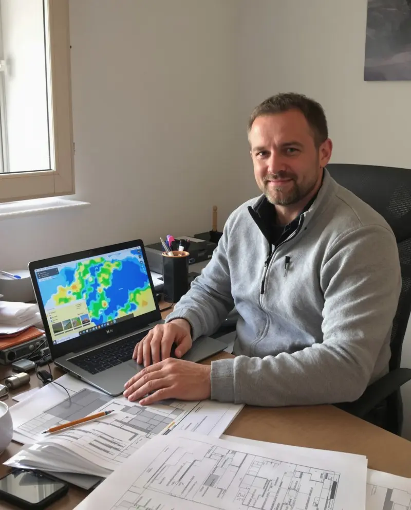 Julien à son bureau, carte d'irradiation à l'écran et plans de toiture