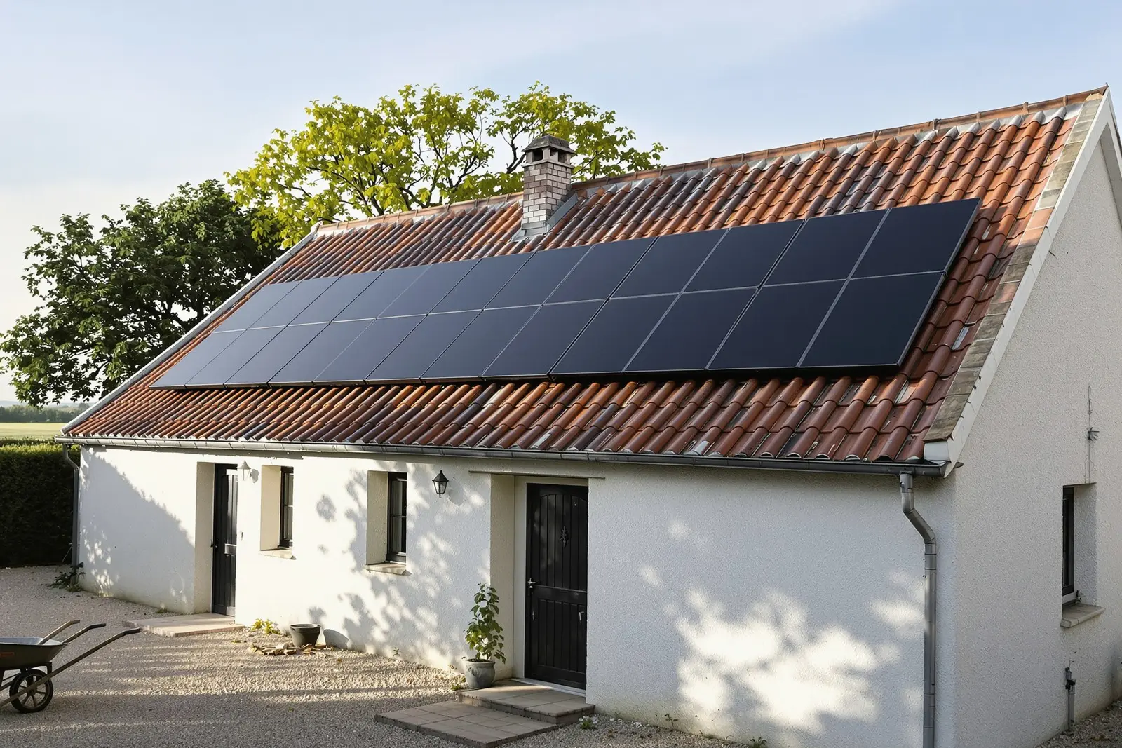 Longère vendéenne aux murs blancs, quatorze modules noirs posés sur le pan sud de la toiture en tuiles