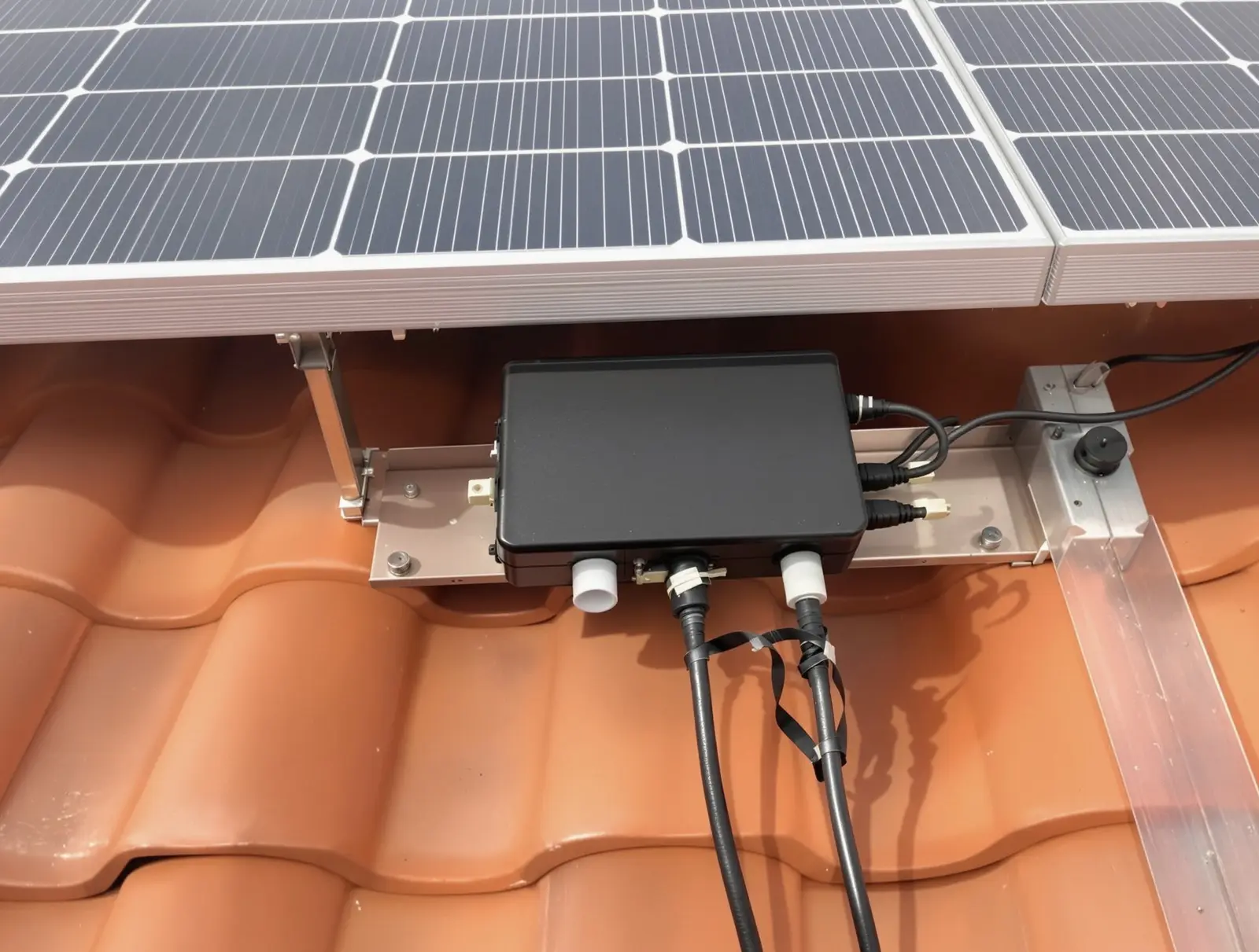 Micro-onduleur fixé sur un rail aluminium sous un module